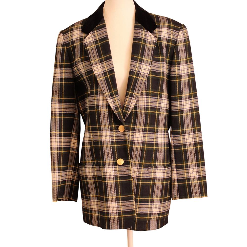 VTG Women's Pure Wool Hunter Green Plaid Blazer, Lined w/ Gold Buttons sz 6